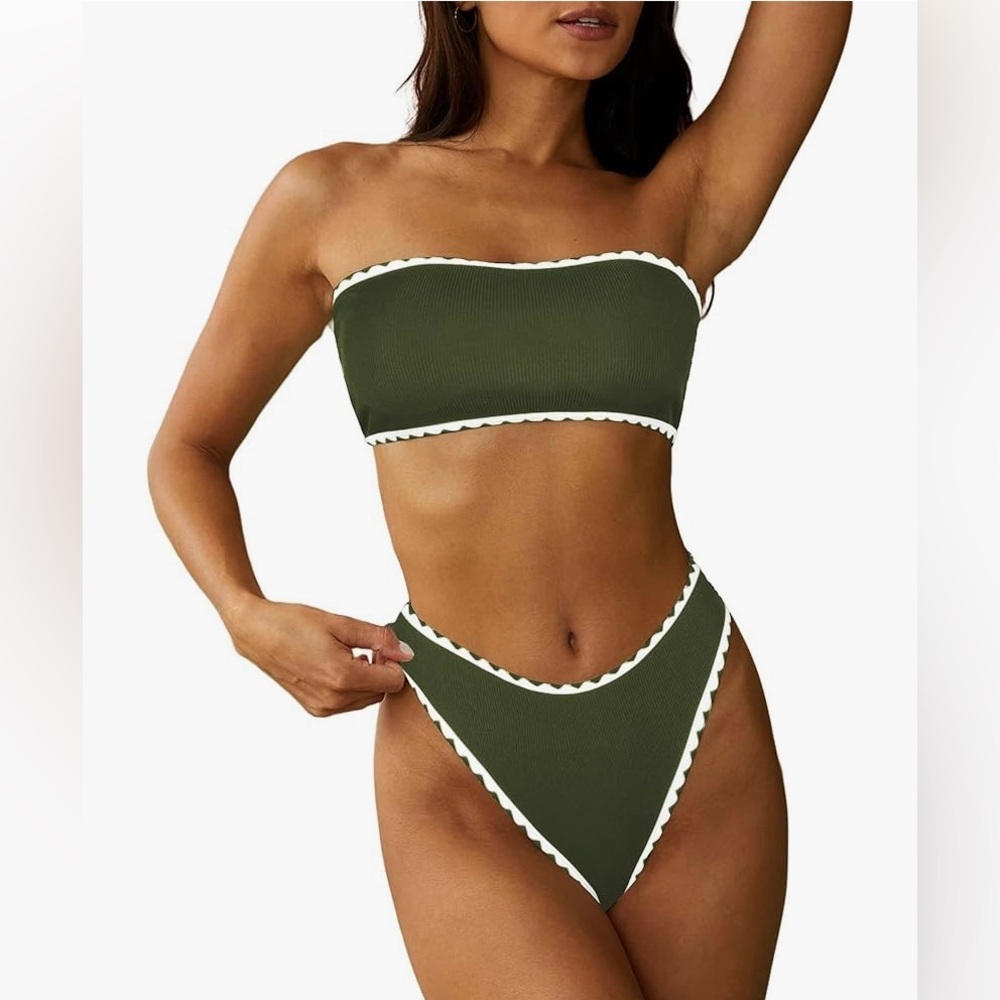 ZAFUL Women Strapless Textured Bandeau Bikini 2 Piece
Swimwear Cheeky Solid B39